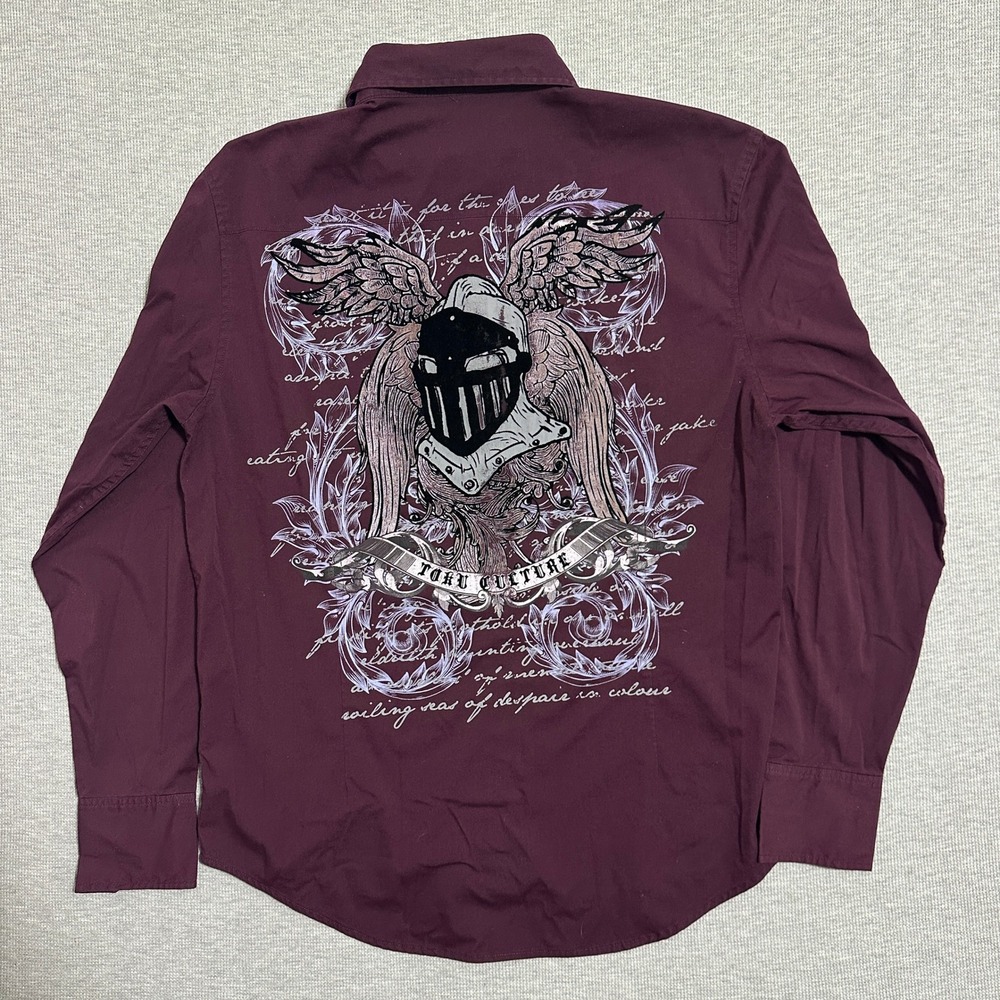 Toku Griffin Embroidered Knight Graphic Button Up Shirt Burgundy Mens Size L